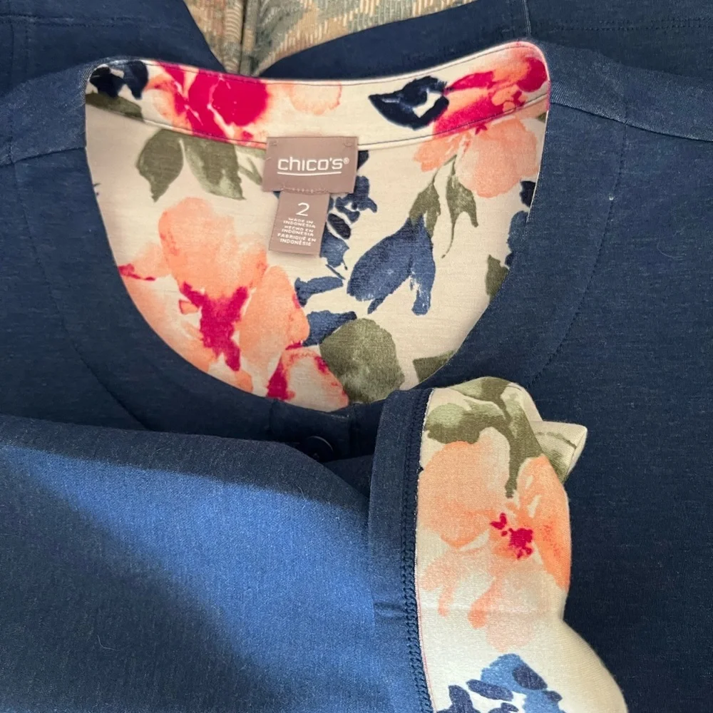 Chico’s blazer blue with floral lining, single button closure size large
